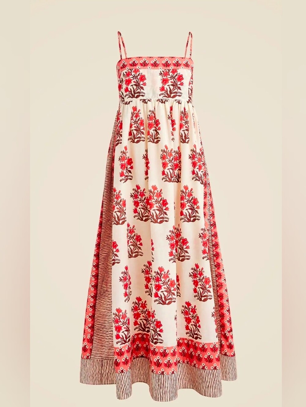 J. Crew Cotton Voile Floral Cream and Red Midi Dress W/Box Print Sz M